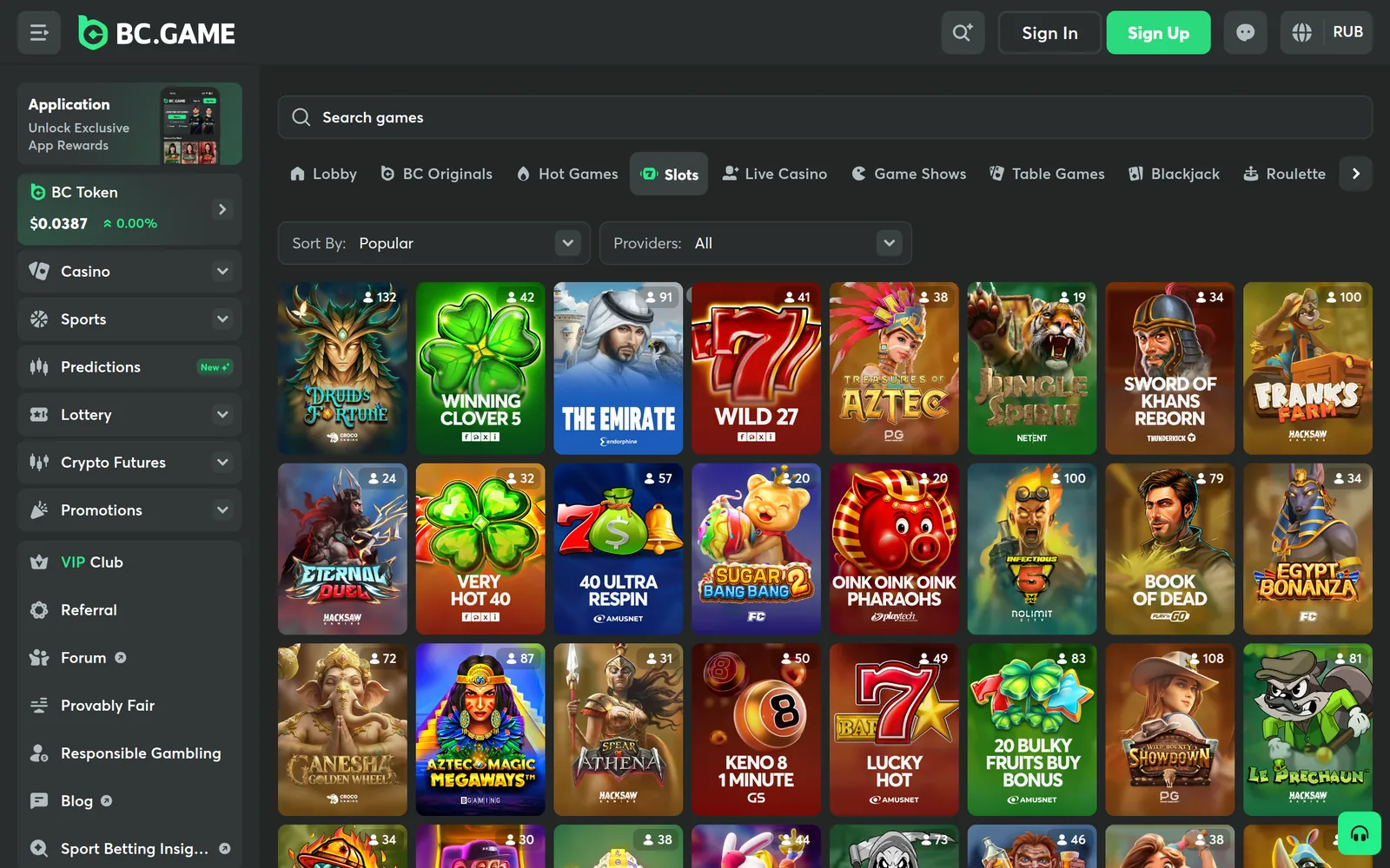 BC.Game slots lobby — the Slots category with provider filter and game tiles