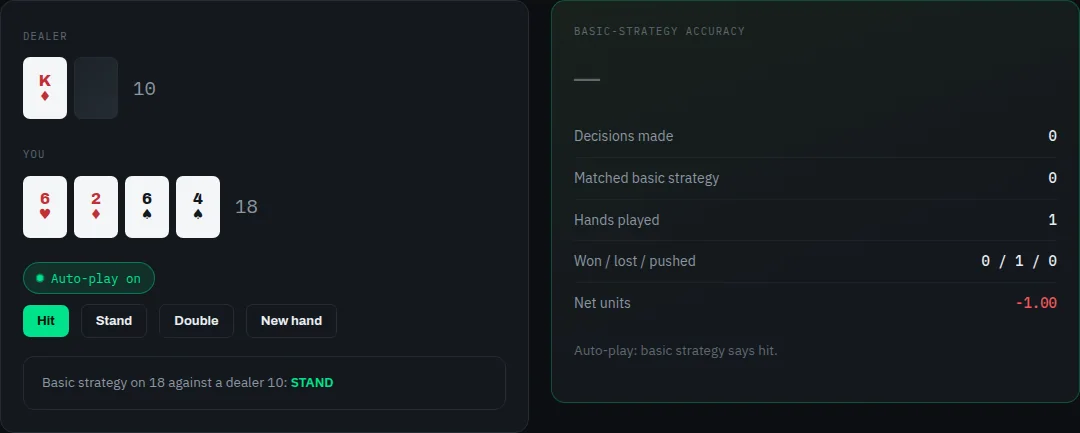 Blackjack Trainer on cryptocodes.ai — screenshot