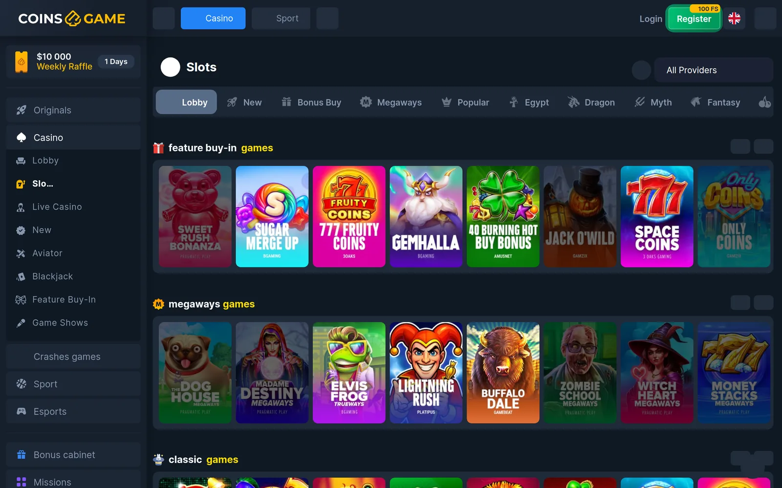 Coins.Game slots lobby — the Slots category with provider filter and game tiles