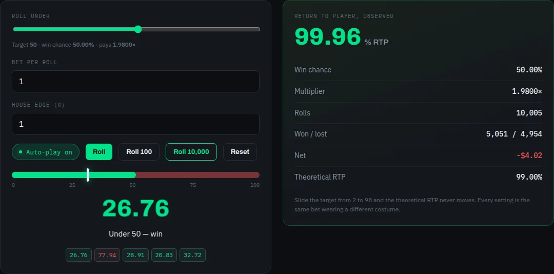 Dice Simulator on cryptocodes.ai — screenshot