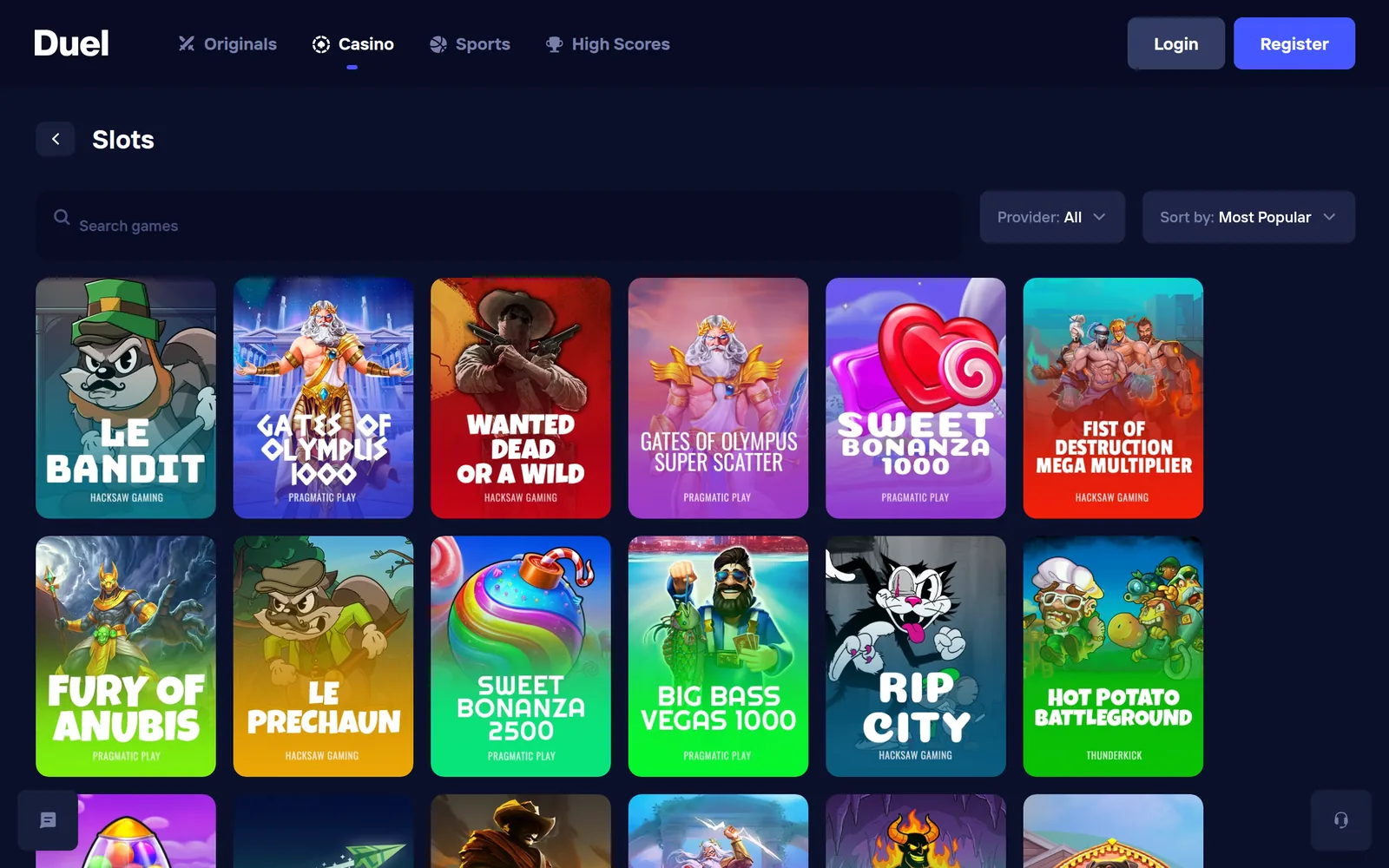 Duel slots lobby — the Slots category with provider filter and game tiles