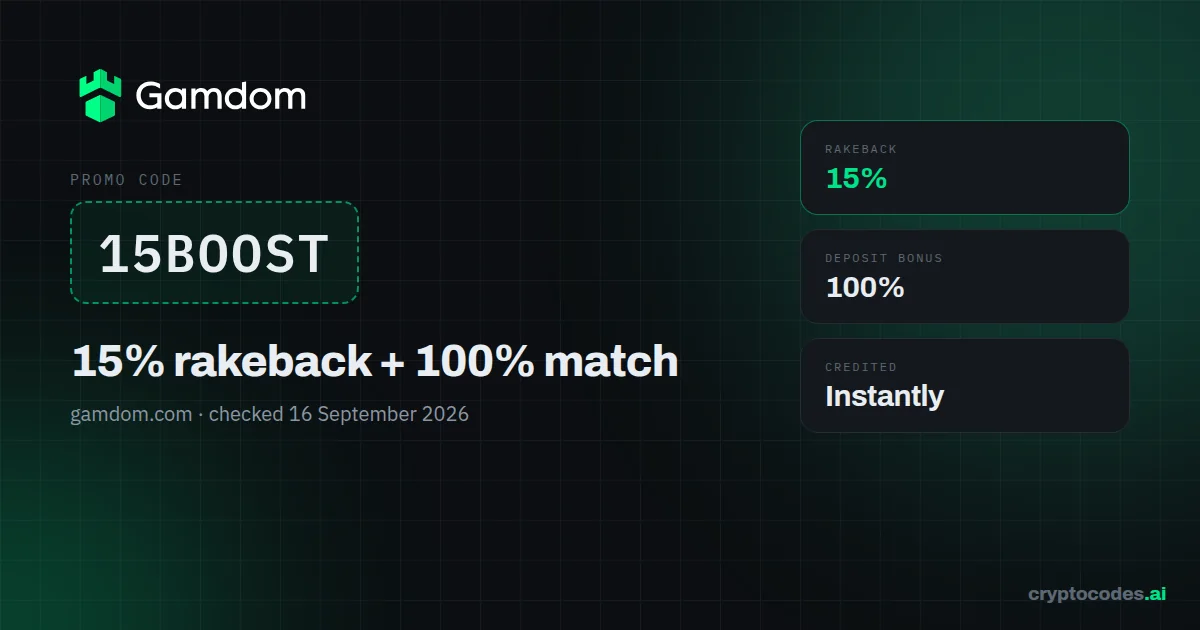 Gamdom promo code 15BOOST — 15% rakeback + 100% match
