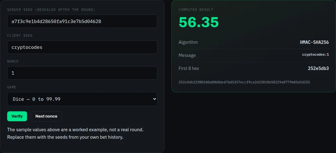 Provably Fair Verifier on cryptocodes.ai — screenshot