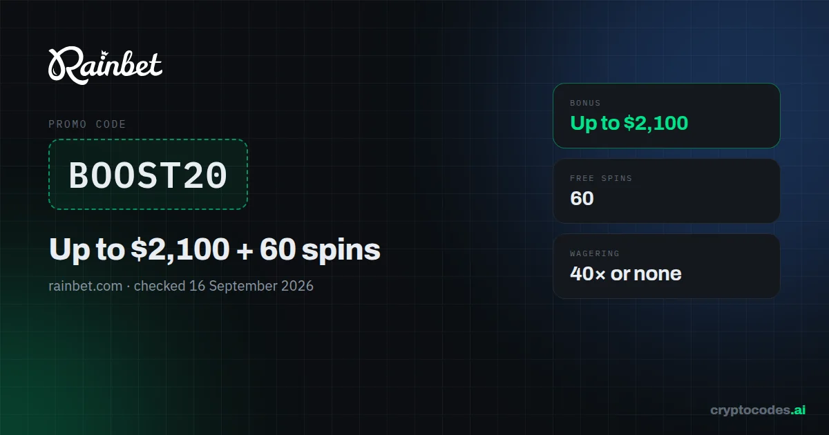 Rainbet promo code BOOST20 — Up to $2,100 + 60 spins