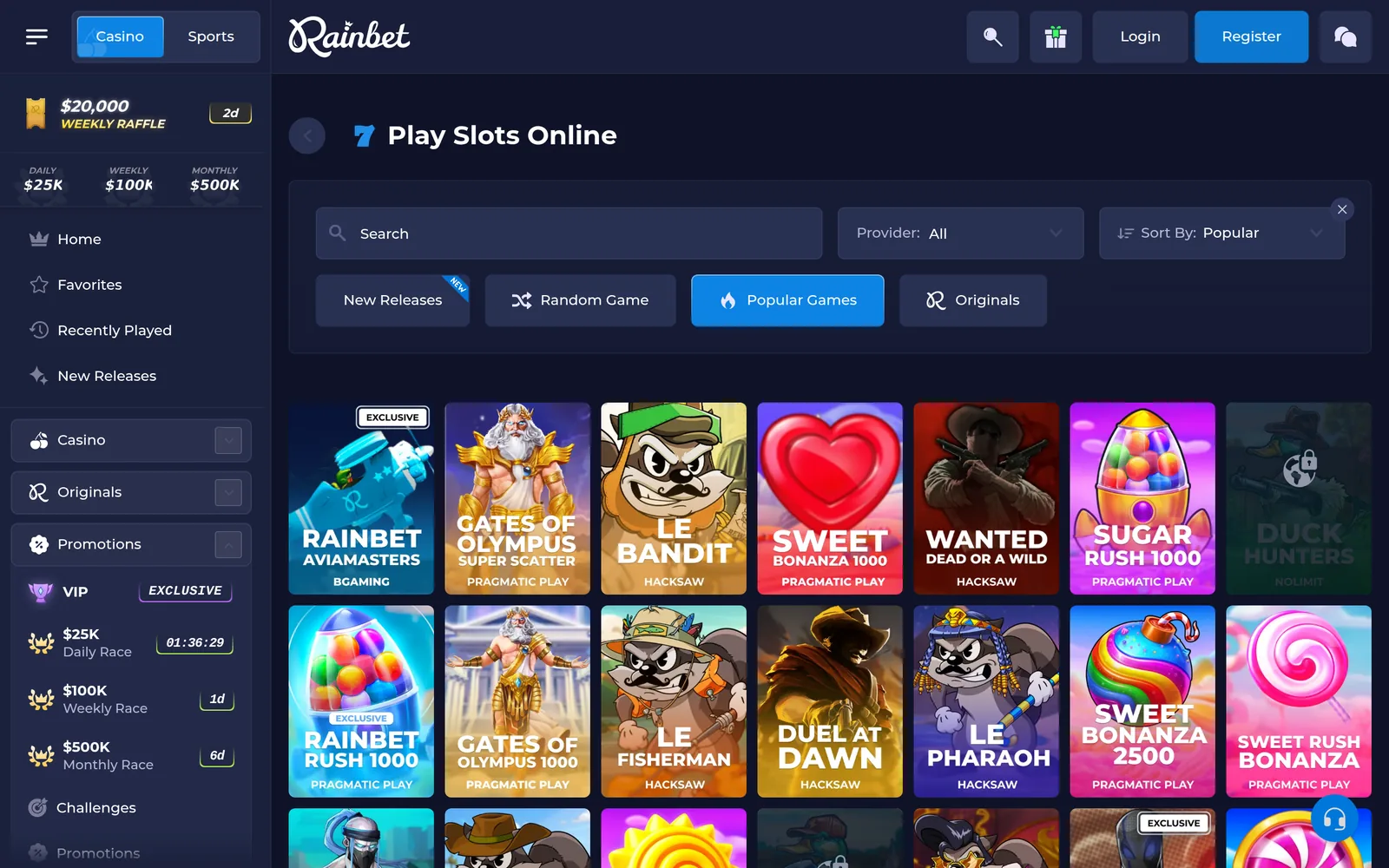 Rainbet slots lobby — the Slots category with provider filter and game tiles