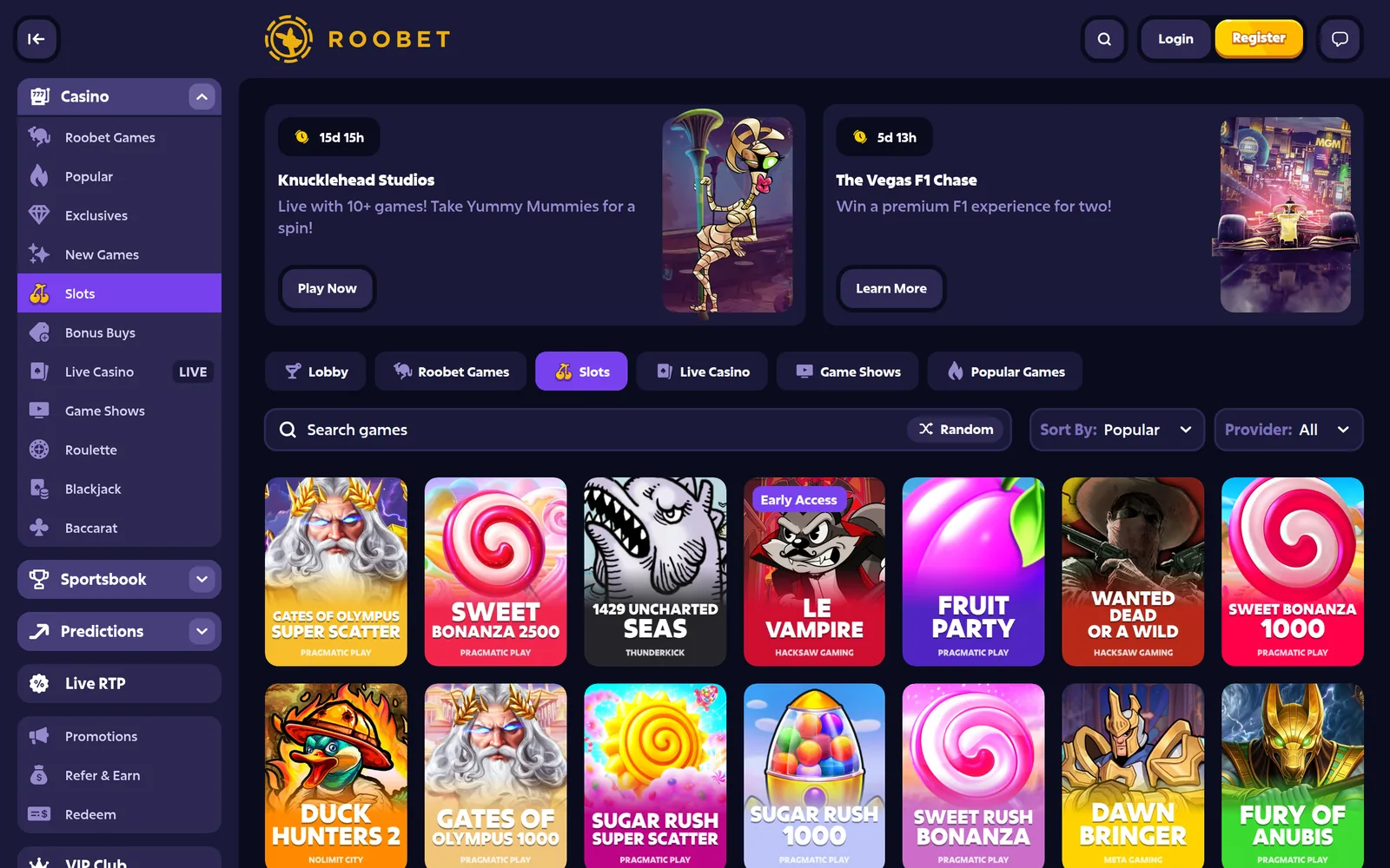 Roobet slots lobby — the Slots category with provider filter and game tiles