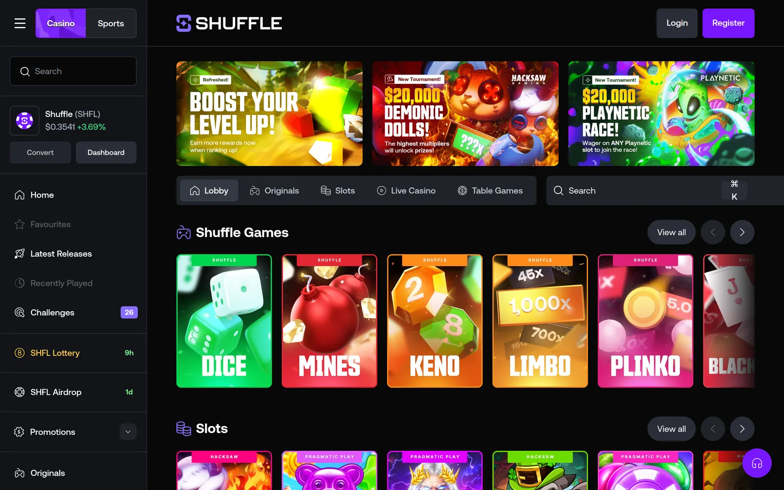 Shuffle casino lobby — categories, banners and the first game rows