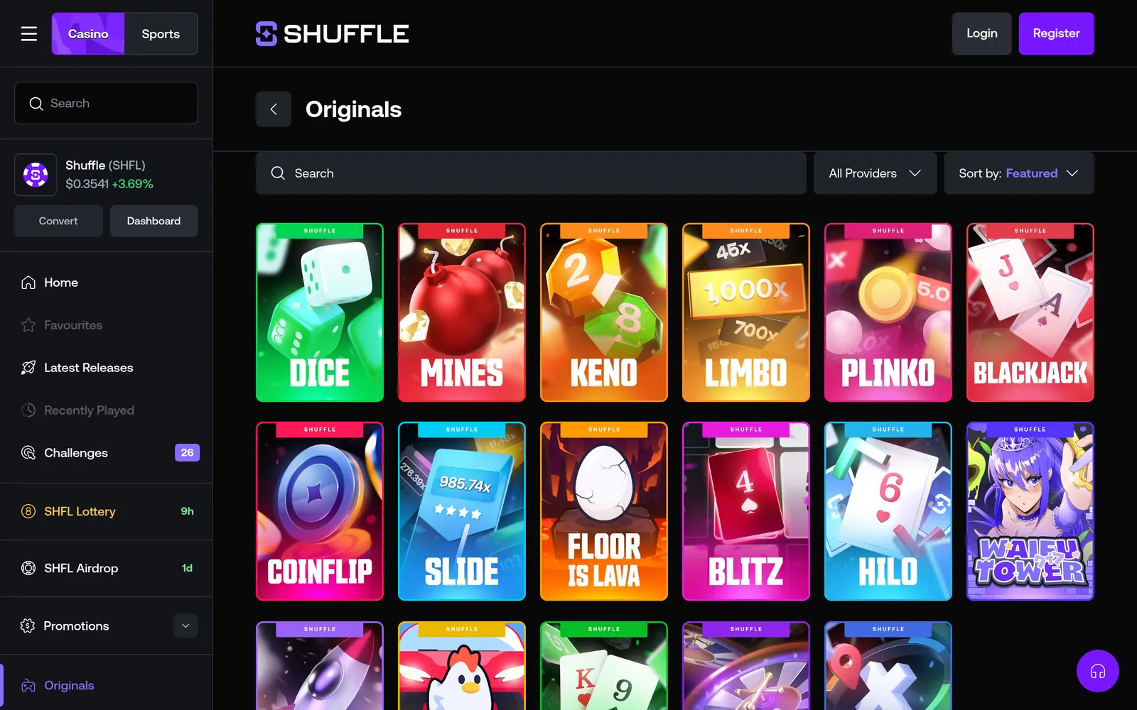 Shuffle Originals — the in-house provably fair games