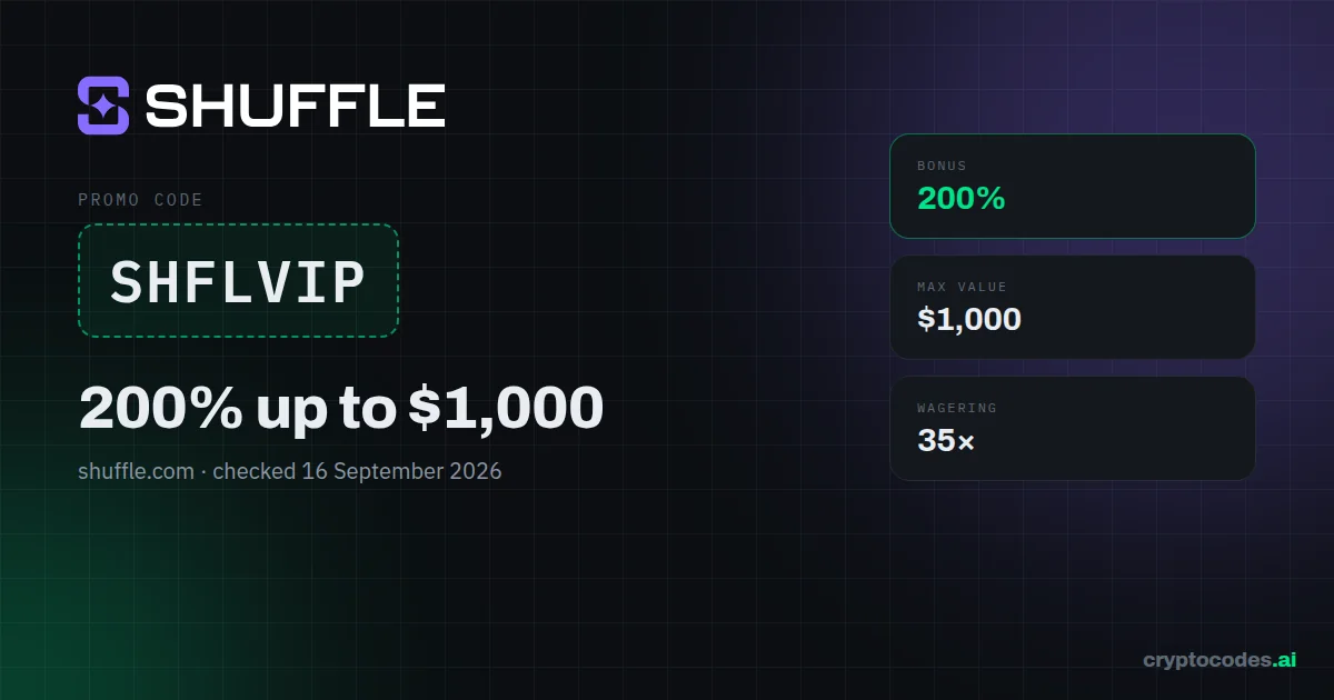 Shuffle promo code SHFLVIP — 200% up to $1,000