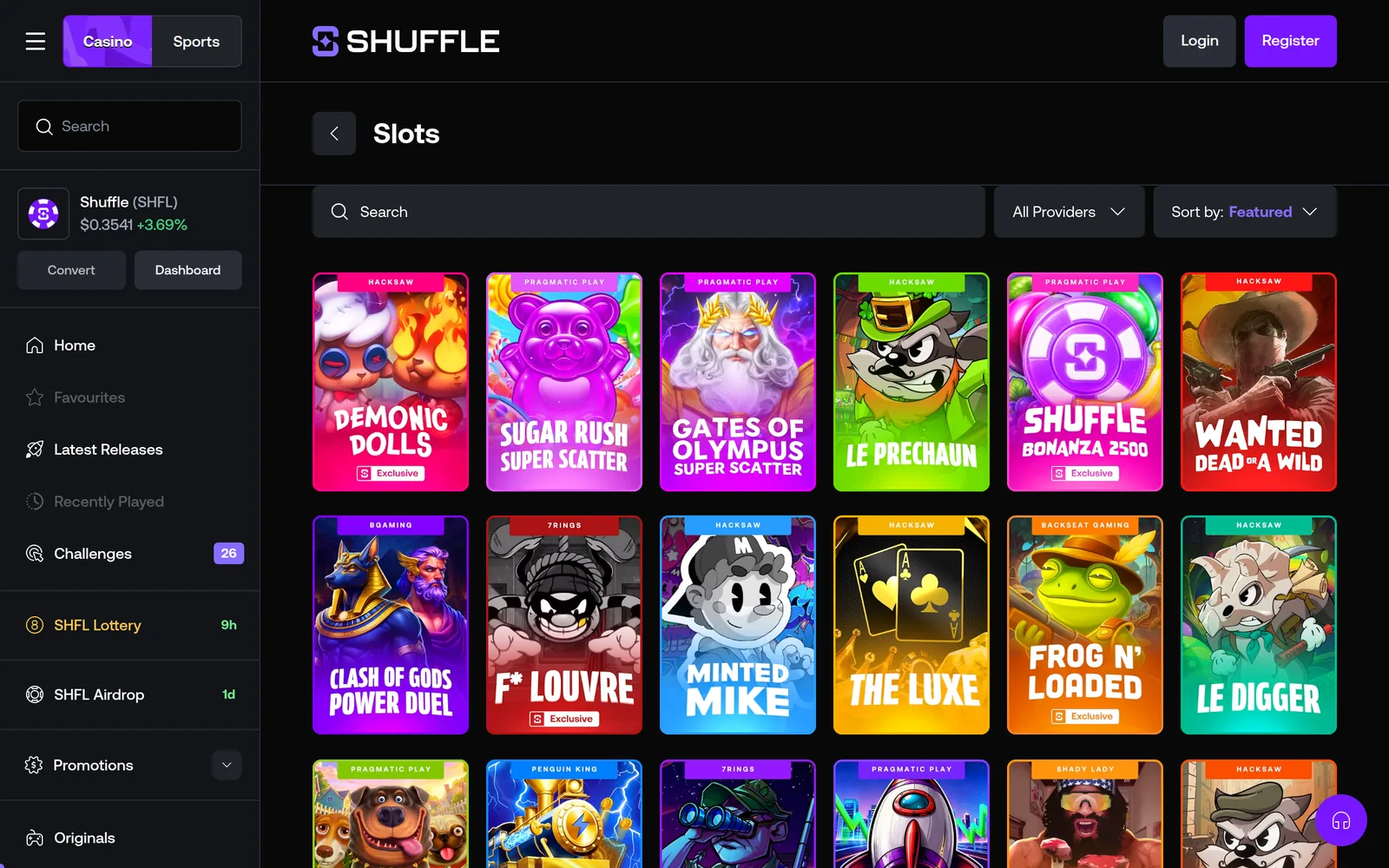 Shuffle slots lobby — the Slots category with provider filter and game tiles