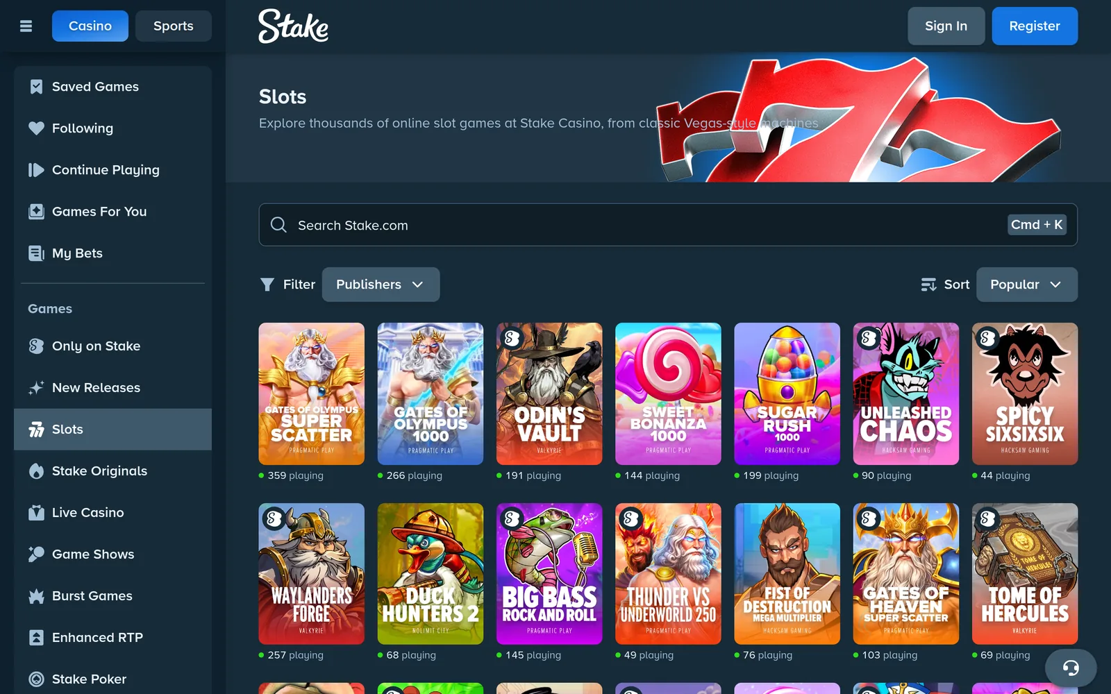 Stake slots lobby — the Slots category with provider filter and game tiles