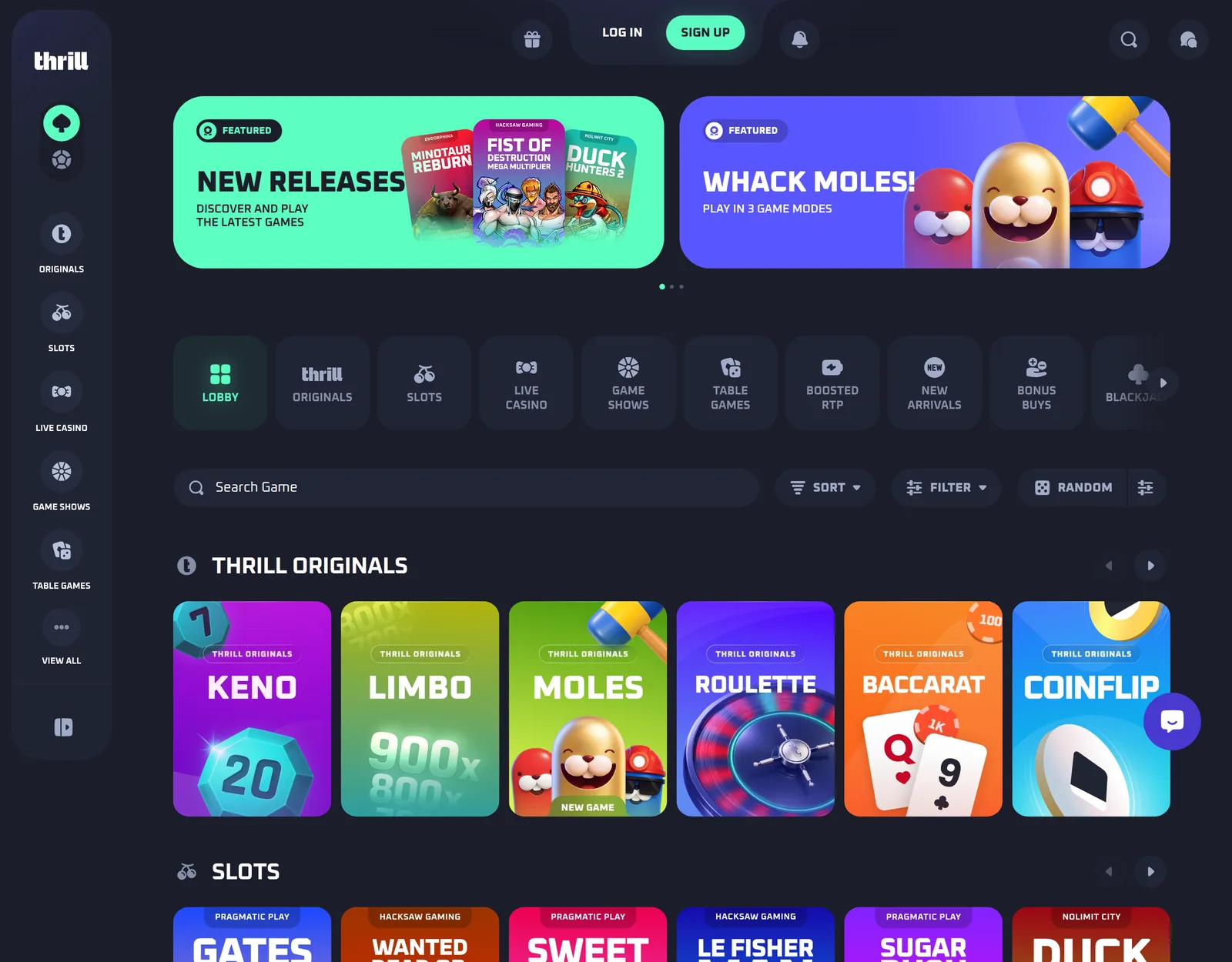 Thrill casino lobby — categories, banners and the first game rows