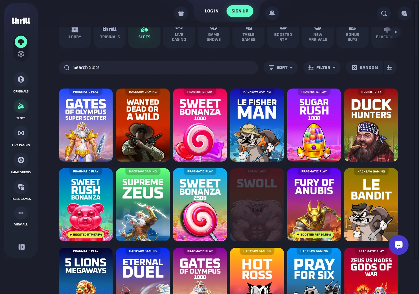 Thrill slots lobby — the Slots category with provider filter and game tiles